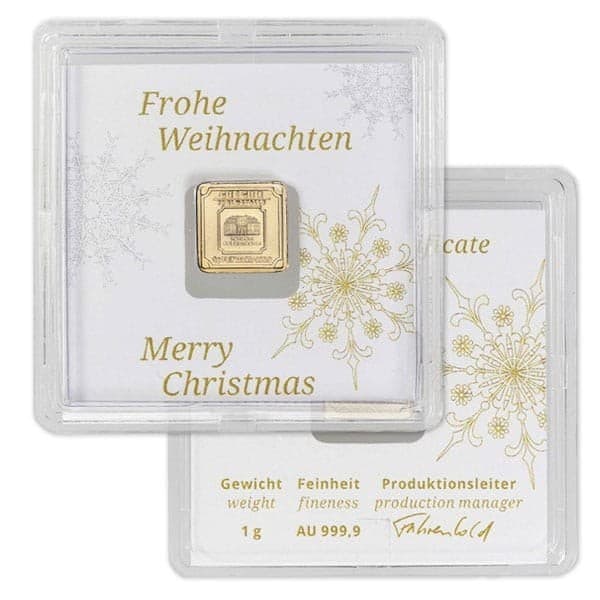 Geiger GOLD Bar - 1 Gram .9999 Pure, in Merry Christmas Assay holiday gift product image